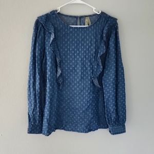 Liverpool blue chambray long-sleeved ruffle Swiss dot blouse